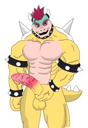 1boy anthro balls big_penis bowser bracelet collar erection furry furry_male furry_only gay genitals gigantic_penis hand_on_penis horns koopa large_penis male male_only mario_(series) mature mature_anthro mature_male moon_night29985 muscles muscular muscular_anthro muscular_male nintendo open_mouth penis red_hair reptile scalie shell spiked_shell spikes tail testicles white_background yaoi yellow_skin