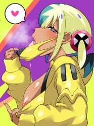 1girls aqua_hair areola_slip bandeau bandeau_pull blonde_hair blue_eyes blush breasts breath canari_(pokemon) canary_(pokemon) character_hair_ornament clothes_pull commentary_request dark-skinned_female dark_skin dildo_gag dildo_under_mask female flashing from_side gag gag_under_mask game_freak hair_ornament half-closed_eyes heart highres hood hooded_jacket jacket large_breasts looking_at_viewer mask mask_pull meta-tron middle_finger mouth_mask multicolored_hair multicolored_mask nail_polish nintendo open_mouth pokemon pokemon_legends:_z-a pulled_by_self pulling_own_clothes saliva saliva_trail sexually_suggestive shirt_pull solo split-color_hair spoken_heart tongue tongue_out twintails two-tone_hair two-tone_mask upper_body yellow_bandeau yellow_jacket yellow_nails