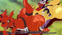 absurd_res anthro armwear ass balls bandai_namco big_butt black_sclera blue_eyes bodily_fluids breasts bridal_gauntlets canid canine clothing demon digimon digimon_(species) english_text erection exclamation_point female female_rimming_male fox genitals gloves grab_the_butt green_eyes group guilmon handwear hi_res huge_butt imp impmon kiffy_(artist) male male/female multicolored_body multiple_boys nude open_mouth penis purple_body renamon reptile scalie scarf sweat sweaty_butt text thick_thighs tongue tongue_out trio two_tone_body wide_hips yellow_body yellow_eyes