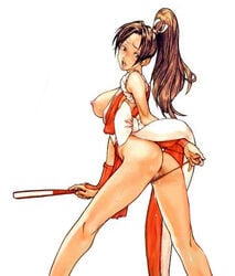 1girls anus ass breast breasts_out brown_hair butt capcom_vs_snk fan fatal_fury female female_focus female_only functionally_nude functionally_nude_female human king_of_fighters long_hair looking_at_viewer looking_back looking_back_at_viewer mai_shiranui nipple nipples open_mouth photoshop ponytail pussy snk solo solo_female solo_focus standing thong thong_pull