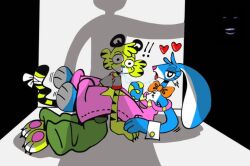 anthro_on_anthro bunny_girl caught_in_the_act croptop female green_sweatpants holding_hands humor implied_kissing laying_on_back lime_(mr.bom) making_out mr.bom orange_bowtie pink_overalls red_hearts ronnie_(mr.bom) spit_trail straddling strap_slip tiger_girl turned_on