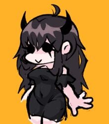 black_dress black_hair black_horns dathugwizard demon demon_girl dress female female_only fnf friday_night_funkin girlfriend's_sister_(friday_night_funkin) girlfriend_(friday_night_funkin) horns sfw simple_background smile yellow_background