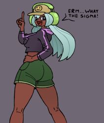 ass ass_bigger_than_head ass_focus big_ass booty_shorts breasts clothing cyan_hair cyan_hair_female dark-skinned_female dark_skin dolly_dimpley female headphones headwear large_ass meme meme_reference shorts shortshorts smile smiling smiling_at_another smiling_at_viewer smiling_friends tagme thighs verdantmosu