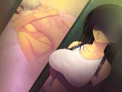 1boy 2010 2010s 2girls aerith_gainsborough ass bedroom bedroom_sex being_watched breasts cloud_strife color completely_nude crying cuckquean cum dark_aura embrace embracing female female_penetrated final_fantasy final_fantasy_vii highres hugging human jealous jealous_female jealousy long_hair looking_at_sex male_penetrating netorare nude passionate peaking peeping peeping_tom sex smooth_skin sneaking straight tifa_lockhart watching watching_sex yoko_jyusuke yuffie_kisaragi