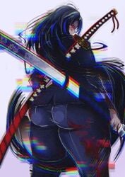 2026 2d 2d_(artwork) amazing_body ass ass_cleavage ass_crack ass_focus black_hair blood blood_on_face blood_stain blue_clothes blue_clothing blue_hair butt butt_focus buttocks clothed clothed_female excellent female female_focus female_in_suit female_only from_behind glitch glitchy good_artwork great_ass guys_this_needs_to_be_tagged_more_trust_me hand_on_object hips large_ass light-skinned_female light_skin limbus_company long_hair long_sleeves looking_at_viewer looking_back looking_back_at_viewer looking_down melee melee_weapon milf mommy mother not_ai_generated not_porn peak pov project_moon reality_shattering reality_shift red_eyes ryoshu_(limbus_company) ryoshu_(project_moon) safe safe_for_work sfw solo stretched_clothing sword swords swordswoman teyo_jominu thick_thighs thunder_thighs thunderthighs two-tone_hair weapon weapons woman woman_focus woman_in_suit woman_only worm's-eye_view