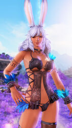 1girls bunny_ears dark-skinned_female dark_skin final_fantasy final_fantasy_xiv gpose(ffxiv) hand_on_hip lingerie lyna_(final_fantasy_xiv) purple_eyes revealing_clothes smile smiling smiling_at_viewer solo solo_female solo_focus square_enix viera white_hair wink winking winking_at_viewer zly