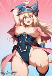 ai_generated arm_up blonde_hair blue_background blue_boots blue_hat blue_leotard blush bonfen291 breasts breasts_out cameltoe dark_magician_girl_(cosplay) dynamic_pose embarrassed female gold_choker gradient_background green_eyes huge_nipples knee_boots knee_up konami long_hair looking_down medium_breasts open_mouth pink_background pink_cape pink_capelet self_upload sky_striker_ace_-_raye sky_striker_ace_raye solo thick_thighs vambraces waist_cape wardrobe_malfunction wavy_mouth wizard_hat yu-gi-oh!