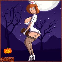 1girls 2025 ann_possible areola areola_slip areolae areolae_slip areolae_visible_through_clothing artist_logo artist_name ass big_ass big_breasts breasts clothed clothing disney disney_channel disney_xd english english_text female female_focus female_only full_moon ginger ginger_hair halloween halloween_costume heels jack-o'-lantern kim_possible kneehighs light-skinned_female light_skin moon no_pants nurse nurse_cap nurse_clothing nurse_hat nurse_headwear nurse_outfit nurse_uniform orange-haired_female orange_hair partially_clothed partially_clothed_female pinup sharkzym side_view sideboob solo solo_focus spooky text thick_thighs thighs trees
