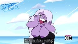 accurate_art_style amethyst_(steven_universe) areola areolae artist_logo background big_ass big_breasts big_mouth black_pants breasts_out cartoon_network dialogue dialogue_box edit edited edited_official_artwork edited_screencap eyebrows eyelashes gemstone hands_on_cheeks logo long_hair mouth_open nose ocean_background screen_capture screencap screenshot screenshot_edit sky sky_background steven_universe subtitles swear swearing text topless white_hair yaarnwurm