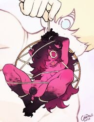 1boy 1girls bondage bound breasts claws colo convenient_censoring demon_girl demon_horns demon_tail female functionally_nude long_hair mini_person nervous_smile nipples paralysis_demon_(colo) pink_eyes pink_skin purple_nipples sleep_paralysis_demon suspension_bondage sweat tail_covering_privates