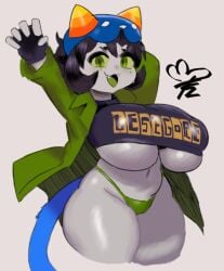 1female 1girls 2d 2d_(artwork) 2d_artwork :3 :3d arms_up artist_signature big_breasts black_hair breasts breasts_bigger_than_head cat_tail color curvy cute cute_face fangs female female_focus female_only fingerless_gloves front_view green_eyes green_jacket green_panties grey_body grey_skin happy happy_female headgear headwear highleg_panties homestuck horns huge_breasts jacket large_breasts midriff navel nepeta_leijon no_pants open_mouth orange_horn panties plump sharp_teeth simple_background solo solo_female solo_focus string_panties teztaz thick_thighs thong troll troll_female underboob voluptuous wide_hips