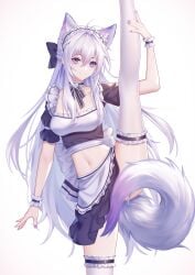 animal_ears antenna_hair apron arm_up black_bow black_nails black_skirt bow breasts choker cowboy_shot crop_top female frilled_choker frilled_thigh_strap frills hair_between_eyes hair_intakes hairbow leg_up long_hair looking_at_viewer luo_shun_yao maid maid_headdress medium_breasts meng_xi_xuan midriff nail_polish navel oc puffy_short_sleeves puffy_sleeves purple_eyes short_sleeves sidelocks skirt smile solo split standing standing_on_one_leg standing_split stomach tail tail_censor thigh_strap thighhighs thighs very_long_hair waist_apron white_apron white_background white_hair wolf_ears wolf_tail wrist_cuffs