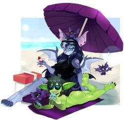 1boy 1girls ass ass_focus bat bat_ears bat_girl bat_wings beach beach_towel beach_umbrella butt butt_focus casual casual_exposure casual_nudity cfnm clothed_female_nude_male confident confident_male confidently_naked confidently_nude female goblin goblin_male green_skin ice_cream male male_ass male_ass_focus male_butt male_butt_focus mint_ice_cream naked naked_male nude nude_male only_one_naked original original_character original_characters phone pkrabbithole public public_exposure public_indecency public_nudity sun sunglasses sunglasses_on_head sunglasses_only tanning wings