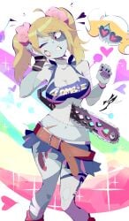 aetherion_art alternate_species blonde_female blonde_hair blue_skin chainsaw cheerleader cheerleader_outfit cheerleader_uniform juliet_starling lollipop_chainsaw monster monster_girl red_eyes stitches undead undead_female zombie zombie_girl