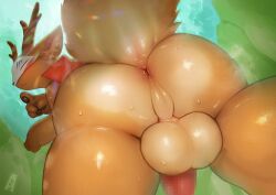ambiguous_gender anime_nosebleed anthro anus ass balls big_butt blood blush bodily_fluids brown_body brown_fur censored cloak cloak_only clothing colored deer fabulous_beasts fenz_(studio) fluffy fluffy_tail fur genitals hi_res horn lagomorph leporid male mammal mask mostly_nude n3zirojika nosebleed pawpads paws penis presenting sibuxiang_the_deer_(fabulous_beasts) smile solo tail