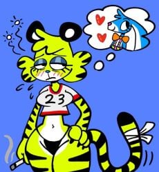 2girls anthro bandage_on_tail black_thong blue_bunny blue_eyelids blush blushing_lines bunny_girl female hands_on_hips lime_(mr.bom) mr.bom no_pants orange_bowtie pink_overalls red_heart ronnie_(mr.bom) smoking_cigarette striped_body striped_tail thinking_of_someone_else thought_bubble tiger_girl tired_eyes white_shirt yuri