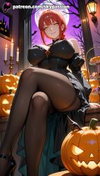 1girls 2025 ai_assisted ai_generated anime artist_name bare_tree basket bat big_breasts breasts bust busty candle candlelight candy candy_cane candy_wrapper castle chainsaw_man costume crescent_moon cross crossed_legs explicit female food glowing_eyes grave graveyard hair_rings halloween halloween_bucket happy_halloween hi_res high_quality high_resolution highres jack-o'-lantern lantern makima_(chainsaw_man) moon moonlight night night_sky patreon patreon_username pie pumpkin red_moon silk skypassion smile stable_diffusion sweets watermark window