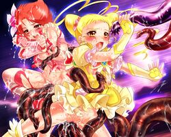 blush censored clothing cum cure_lemonade cure_rouge flat_chest magical_girl nekozawa_yukari pretty_cure rin_natsuki shorts sippo-soft small_breasts tagme tentacle torn_clothes urara_kasugano