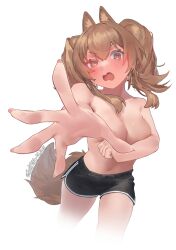 2025 :o angelina_(arknights) animal_ears arknights blush breasts brown_hair covering_breasts covering_privates dated dolphin_shorts embarrassed female fox_ears fox_girl hi_res long_hair looking_at_viewer medium_breasts mkrk_mikaerukung narrowed_eyes navel nose_blush open_mouth orange_eyes outstretched_arm shorts simple_background solo topless_female twintails twitter_username v-shaped_eyebrows white_background