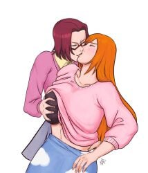 2girls artist_request big_breasts bleach breast_grab breasts chizuru_honsho female female_only honshou_chizuru inoue_orihime kissing large_breasts multiple_females multiple_girls orange_hair red_hair source_request yuri