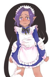 color crossdressing crossdressing_male cube dark_skin maid maid_uniform male male_only open_eyes open_mouth petite_princess_yucie pointy_ears princess_maker princess_maker_(series) purple_eyes purple_hair short_hair solo_focus standing tears white_background