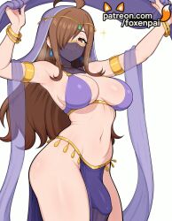 1futa 2025 ahoge ai_generated armlet armpits artist_name bangle bracelet breasts brown_hair bulge bust chest dancer earrings eyepatch foxenpai futanari hi_res high_quality high_resolution highres intersex jewelry kono_subarashii_sekai_ni_shukufuku_wo! long_hair looking_at_viewer mouth_veil navel patreon patreon_username pelvic_curtain simple_background smile solo stable_diffusion thighs veil watermark wiz_(konosuba)