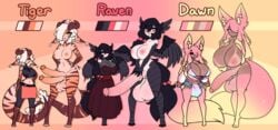 3futas adoptables balls big_balls big_breasts big_penis bird_girl bird_humanoid breasts character_sheet clothed clothing dark_skin dawn_(limebreaker) diphallia diphallism erection fox_girl fox_tail fully_clothed futa_only futanari horns huge_balls huge_breasts huge_cock humanoid humanoid_penis light-skinned_futanari light_skin limebreaker mostly_clothed multi_penis nude pale_skin penis penis_to_the_knees raven_(limebreaker) short_hair standing tail tanline tiger_(limebreaker) two_tone_hair wide_hips wings