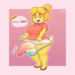 1futa accidental_exposure animal_crossing anthro balls big_balls big_breasts big_penis blonde_hair bottomwear breasts canid canine canis clothing domestic_dog frumples fti_crossgender futanari genderswap genderswap_(fti) genitals hair huge_cock intersex isabelle_(animal_crossing) mammal nintendo panties penis rule_63 skirt solo solo_futa underwear unwanted_erection video_games