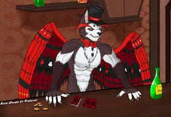 adognamedkayne alcohol anthro avian beverage bird card chips_(disambiguation) domestic_cat felid feline felis hazbin_hotel hi_res husk_(hazbin_hotel) hybrid male male/male male_only mammal owl playing_card smooth_skin solo wood