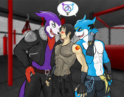 adognamedkayne anthro athletic athletic_anthro avian bandai_namco clothing digimon digimon_(species) fishnet fishnet_topwear gay gloves group gryphon gym handwear hi_res human impmon leather male male/male male_only mammal multiple_boys mythological_avian mythology suggestive_dialogue suggestive_look toei_animation veemon yaoi