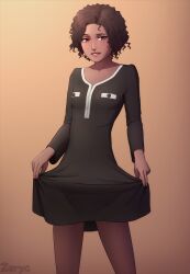 1girls black_dress black_hair brown_eyes brown_skin clothes_lift curly_hair lifting_dress petite small_breasts smiling solo watermark zoryc