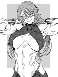 1girls absurd_res bare_shoulders biceps breasts breasts_apart collarbone female female_focus fuma_kotaro_(tenkaichi) hi_res hips long_hair looking_at_viewer monochrome muscular muscular_arms muscular_female navel nipple_bulge simple_background sleeveless smile solo solo_female tenkaichi_nihon_saikyou_bugeisha_ketteisen underboob urec wide_hips wristband