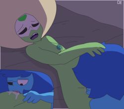 blue_body blue_hair blue_skin breasts cartoon_network cunnilingus drawinecchi gem_(species) green_body green_skin grool hand_on_head lapidot lapis_lazuli_(steven_universe) lesbian_sex peridot_(steven_universe) pussy_juice steven_universe yuri