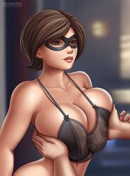 1boy 1girls big_breasts black_bra bra breast breast_grab breasts brown_hair cartoon_milf choker cleavage clothed_female deep_cleavage disney domino_mask elastigirl erect_nipples eye_mask female flowerxl full_cleavage helen_parr high_res huge_breasts lingerie male male/female mask mature mature_female milf nipple_bulge partial_male patreon patreon_reward pixar pleasure_face pokies press short_hair smooth_skin superheroine the_incredibles under_clothes