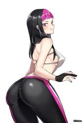 1girls admiring_self artist_name ass bangs black_hair blunt_bangs blush breasts capcom clothed curvy dat_ass female female_only gloves highres huge_ass human johwa juri_han large_breasts leggings long_hair looking_back nail_polish nipple_bulge pink_eyes pink_hair pink_nails sideboob simple_background smile solo street_fighter street_fighter_v thick_thighs tight_clothes two_tone_hair white_background yoga_pants