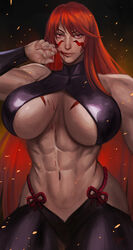 1girls abs big_breasts blood breasts female female_focus fuma_kotaro_(tenkaichi) hips long_hair looking_at_viewer matching_hair/eyes muscles muscular muscular_female red_eyes red_hair soffa solo solo_female tenkaichi_nihon_saikyou_bugeisha_ketteisen thick_thighs thighs underboob wide_hips