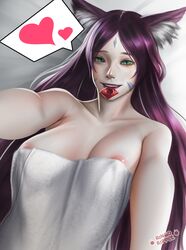 1girls animal_ears areola_slip cleavage condom condom_wrapper face_markings green_eyes large_breasts long_hair original purple_hair ringoripple smile solo spoken_heart towel