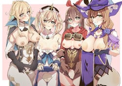 4girls amber_(genshin_impact) areolae barbara_(genshin_impact) big_breasts breast_size_difference breasts breasts_out censored e_sky_rugo exposed_breasts female female_only female_pubic_hair genshin_impact gloves hair_ribbon hairless_pussy hairy_pussy highres jean_gunnhildr large_areolae lisa_(genshin_impact) medium_breasts mosaic_censoring nipples nun presenting presenting_breasts presenting_pussy pubic_hair shaved_pussy skirt_lift small_breasts smile smug tagme white_background