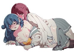 2girls absurdres black_legwear blue_hair breast_grab breasts brown_eyes censored closed_mouth ecoman fingering grabbing grabbing_from_behind grey_skirt hair_bun heart heart_censor highres long_hair long_sleeves love_live! love_live!_sunshine!! lying medium_breasts medium_hair multiple_girls nipples on_side panties pussy_juice red_hair sakurauchi_riko school_uniform sex skirt thighhighs tsushima_yoshiko underwear uranohoshi_school_uniform white_panties yuri