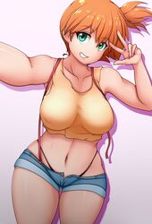 alternate_breast_size armpits asymmetrical_hair blue_shorts breasts clothing cucarachaaa denim denim_shorts female female_focus female_only female_solo footwear game_freak gen_1_pokemon green_eyes high_resolution huge_breasts kasumi_(pokemon) large_breasts legs misty_(pokemon) navel nintendo orange_hair pokemon pokemon_(anime) pokemon_(classic_anime) pokemon_rgby ponytail shirt shoes short_hair short_shorts shorts side_ponytail smile solo suspender_shorts suspenders tank_top thick_thighs thighs thong tied_hair tomboy very_high_resolution yellow_shirt