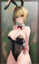 ai_generated arms_behind_back big_breasts blonde_hair blush breasts bunny_ears bunnygirl bunnysuit fate_(series) green_eyes large_breasts latex merukuma nero_claudius_(fate) playboy_bunny rabbit_ears shiny_clothes short_hair smile stable_diffusion tagme tight_clothing