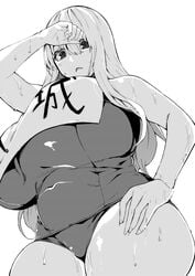 1girls big_breasts breasts chubby chubby_female cup-chan female female_focus hips kodama_amagi_(cup-chan) large_breasts long_hair looking_at_viewer looking_down monochrome plump simple_background solo solo_female swimsuit thick_thighs thighs wet wet_body white_background wide_hips