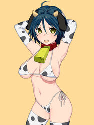 2021 animal_ears animal_print armpits arms_behind_head arms_up bare_shoulders bell bikini blue_hair blush breasts breasts_apart chinese_zodiac collar covered_nipples cow_ears cow_girl cow_horns cow_print cow_tail cowbell elbow_gloves female female gloves high_school_fleet highres hiraga_tomoko horns large_breasts looking_at_viewer micro_bikini navel neck_bell onsen_tamago_(hs_egg) print_bikini print_gloves short_hair simple_background smile solo swimsuit tail teeth upper_teeth year_of_the_ox yellow_background yellow_eyes