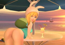 adventure_time ass back_to_viewer backpack bag beach blonde_hair blue_eyes bottomless cartoon_network drink fake_animal_ears female female_only fionna_the_human_girl human large_ass looking_at_viewer looking_back presenting pussy sailboat shirt smile source_filmmaker sunset umbrella wixiefox