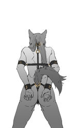 animal_ears arms_behind_back ass back bare_arms bare_legs bare_shoulders belt bondage bondage bondage_outfit bound collarbone female iceky long_hair nude original simple_background solo tail white_background wolf_ears wolf_girl wolf_tail wrist_cuffs