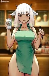 1girls akalari animal_ears apron ash_(fire_emblem) bakalarii bangs bare_thighs barista black_horns blurry blurry_background blush breasts brown_eyes collarbone cow_ears cow_girl cow_horns cup dark-skinned_female dark_skin disposable_cup ear_piercing eyebrows_visible_through_hair female female_only fire_emblem fire_emblem_heroes green_apron highres holding holding_cup horns iced_latte_with_breast_milk looking_at_viewer meme naked_apron nintendo piercing solo starbucks thighs twitter_username white_hair