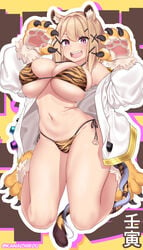 animal_ear_fluff animal_ears animal_hands animal_print arknights armpits arms_up artist_name bangs bare_shoulders bikini blonde_hair blush breasts claws cleavage covered_nipples eyebrows_visible_through_hair female fur-trimmed_gloves fur_trim gloves hair_ornament hairclip highres jacket kanachirou kneeling large_breasts long_hair long_sleeves looking_at_viewer multicolored_background multiple_tails navel open_clothes open_jacket open_mouth paw_gloves paw_shoes print_bikini purple_eyes side-tie_bikini solo strap_gap swimsuit tail teeth thighs tiger_ears tiger_print tiger_tail twitter_username underboob upper_teeth utage_(arknights) white_jacket x_hair_ornament year_of_the_tiger