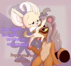 absurd_res anthro anus backup4now big_hands blue_eyes blush bodily_fluids brown_body carrying_partner chinchilla chinchillid cunnilingus duo female female/female flat_chested fluffy fur genital_fluids genitals grey_hair hair hi_res la_conchilla_(backup4now) mammal multicolored_body nipples oral orgasm orgasm_face original_character pawpads procyonid pussy pussy_juice pussy_juice_string raccoon rodent sex shell size_difference smooky_(birshy) spread_legs spreading tan_body tan_fur text tongue two_tone_body vaginal_penetration white_hair yellow_sclera young
