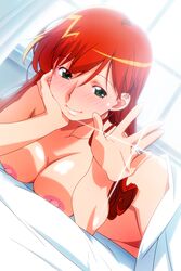 1girls asahina_yurina bangs bed_sheet blush breasts completely_nude eyebrows_visible_through_hair female glint green_eyes head_rest indoors jewelry large_breasts long_hair lying nipples nude official_art on_stomach photoshop_(medium) red_hair ring smile solo super_real_mahjong super_real_mahjong_p7 tanaka_ryou