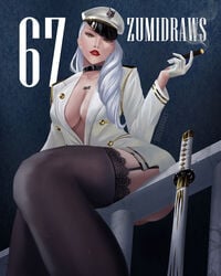 1girls 67_(zumidraws) artist_signature barcode barcode_tattoo breasts choker cigar curvy_female female gloves hat heel_boots heels katana large_breasts long_hair looking_at_viewer military military_uniform red_lipstick smoking thighhighs uniform white_hair yellow_eyes zoozoobooka zumi_(original_character)